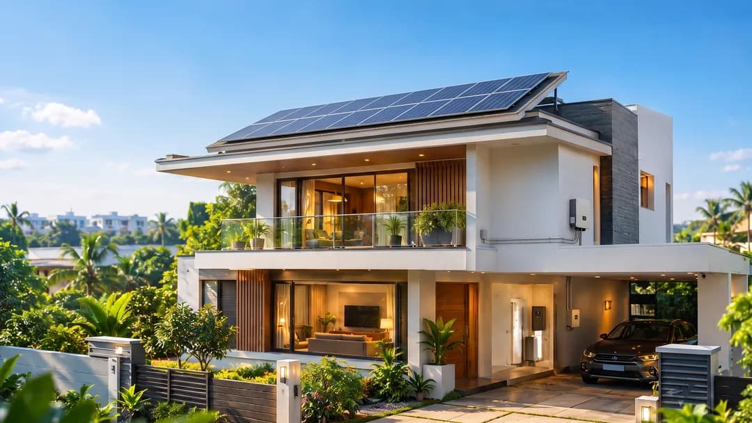 A modern home with a full rooftop solar array under clear daytime sky.