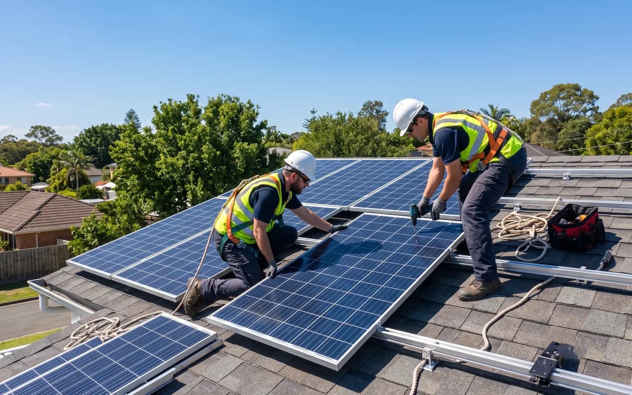 Two installers in safety gear mounting rooftop solar panels on a residential home in daylight.