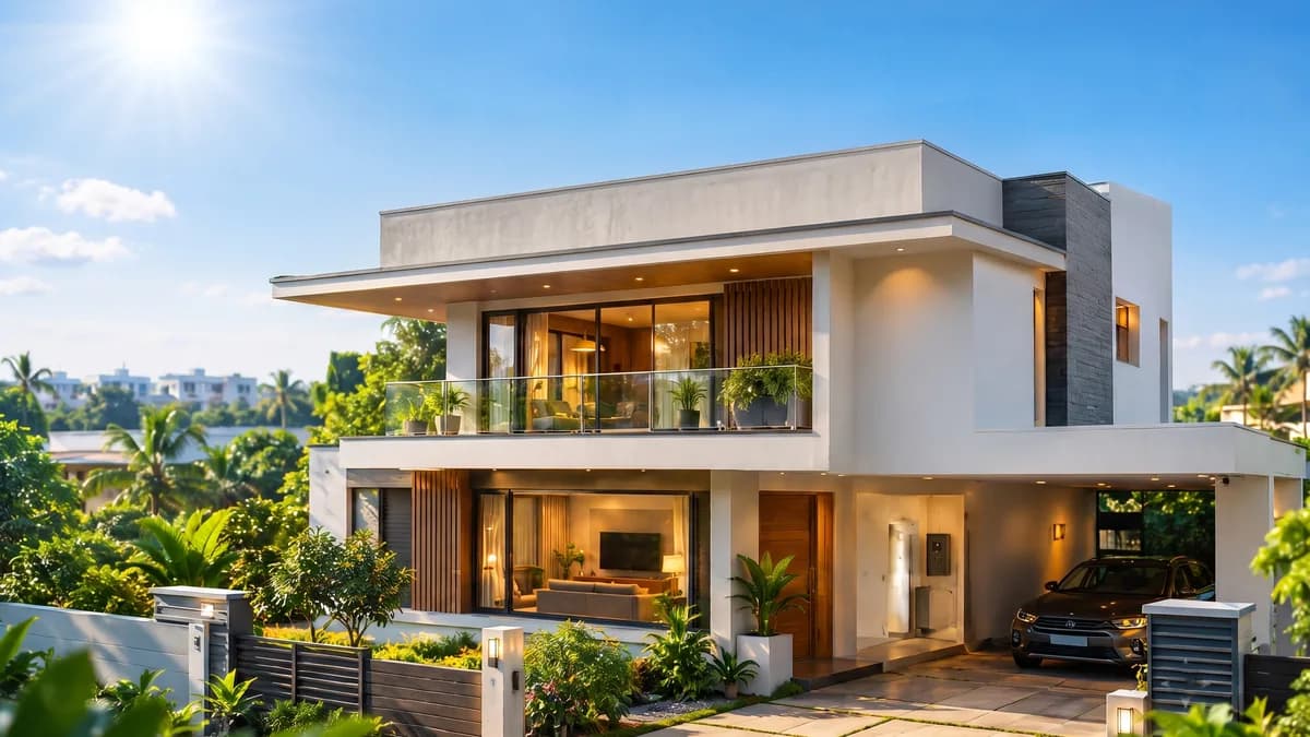 A modern home with a bare, unused rooftop in bright daylight, before solar installation.