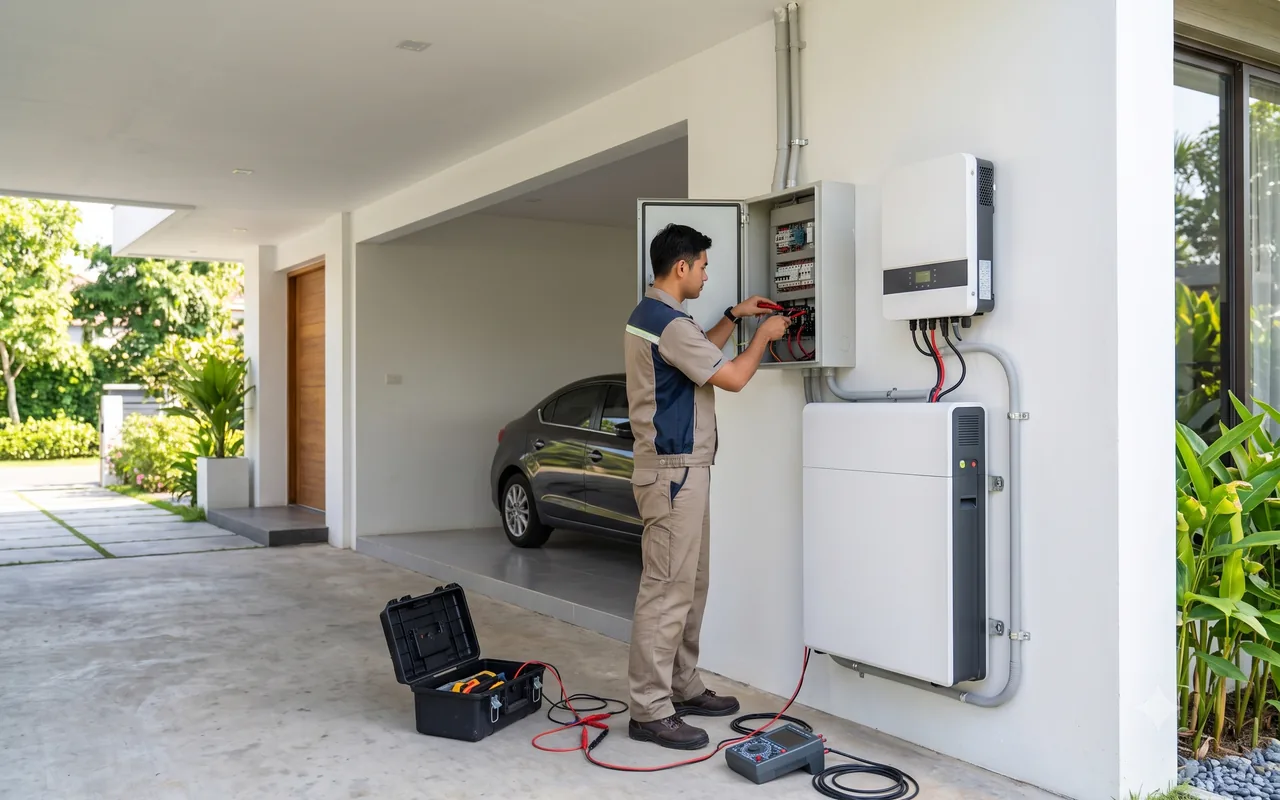A technician testing and wiring an inverter and battery storage unit installed beside a building.